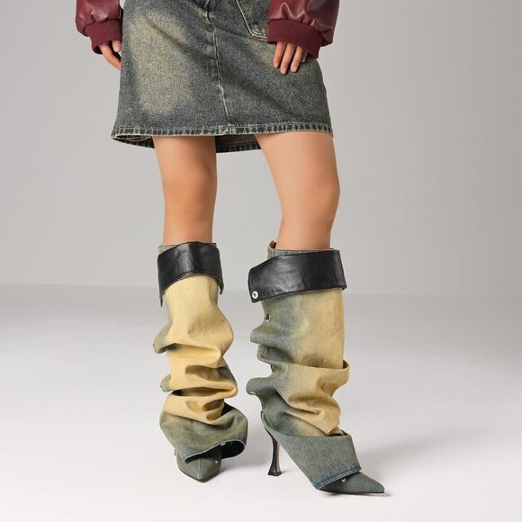 🆕Women Yellow Knee High Stiletto Pointed Toe High Heels Wide Calf Slouchy Boots - Picture 2 of 7